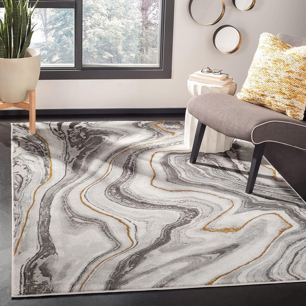 Craft Collection Area Rug - 4' Square, Grey & Gold, Modern Abstract Design, Non-