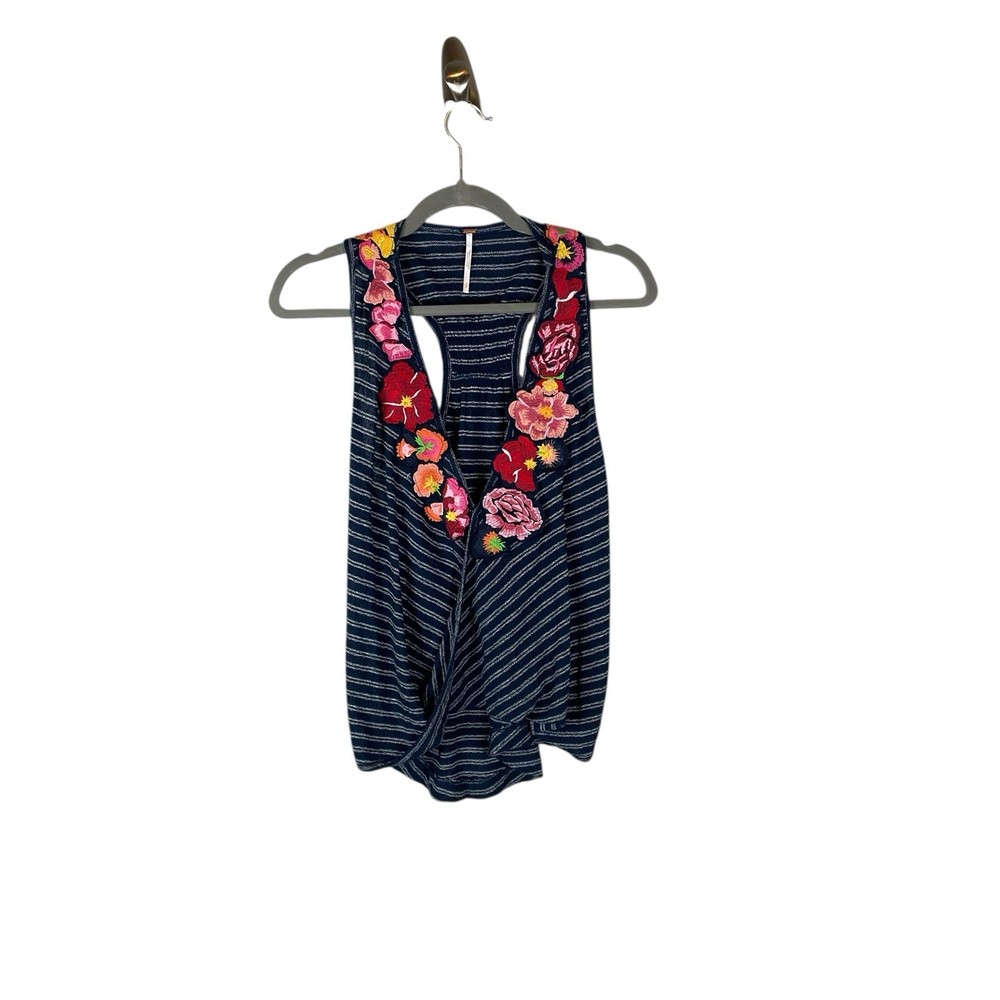 Free People Embroidered Stripe Racerback Tank Top Size Small