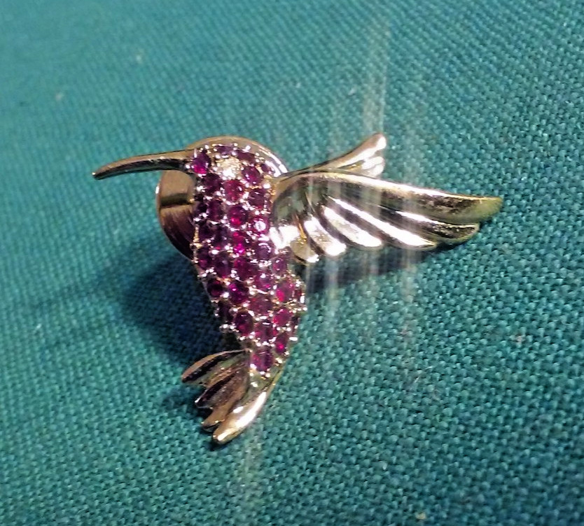 Sparkling Hummingbird Red Faux Jewels Rhinestones Gold-Tone Color Metal w/ Mark