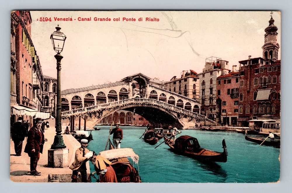 Italy- Venice Grand Canal Rialto Bridge & Gondolas Souvenir PC Vintage Postcard