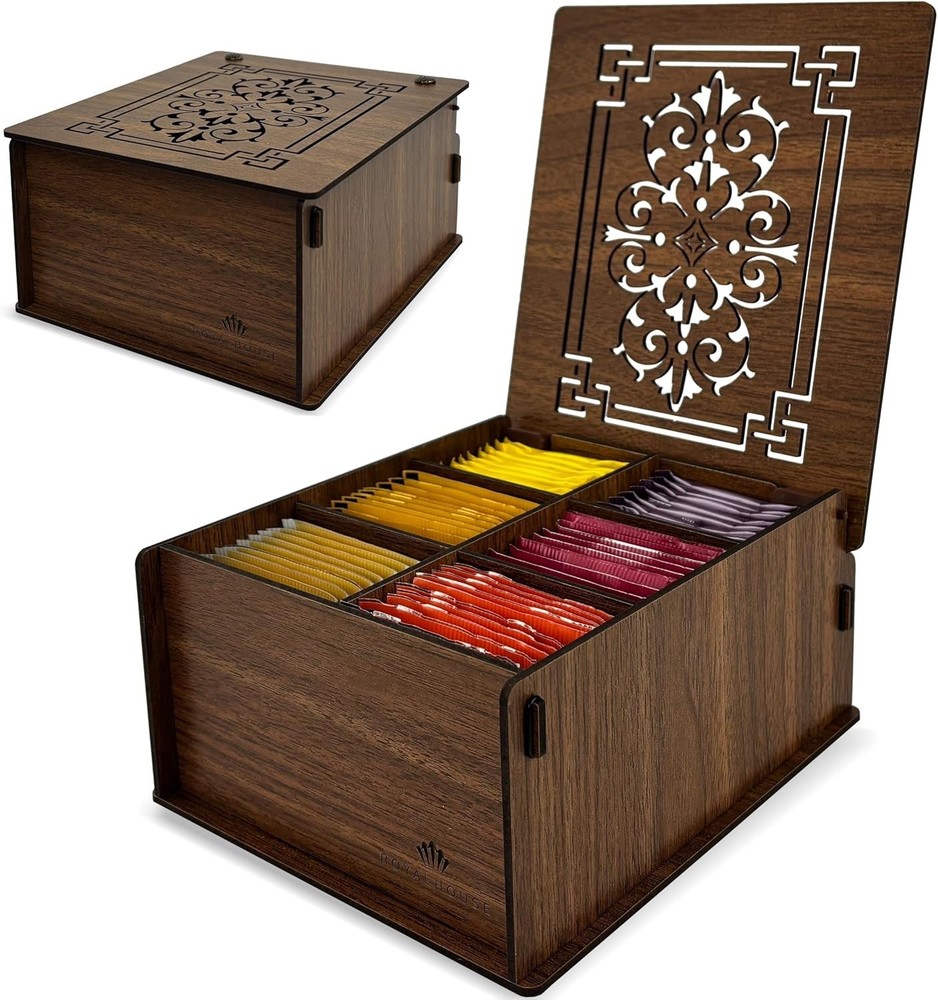 Premium Wood Tea Storage Box Organizer (Brown), Eco-Friendly Multi-Fu