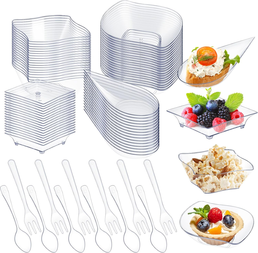 200 Pcs Mini Appetizer Plates with Spoons Forks Clear Disposable Mini Dessert Pl