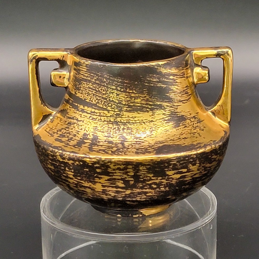 Vtg Hand Painted Stangl Pottery Vase Short Urn Black 22k Gold Two Handled #2019