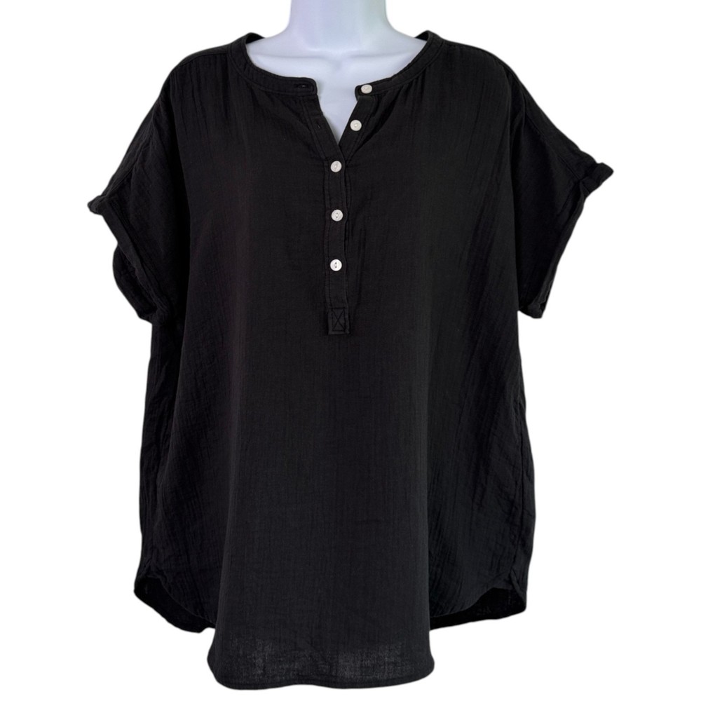 Quince Womens Organic Cotton Gauze Roll Sleeve Shirt Black Sz L Coastal Staple