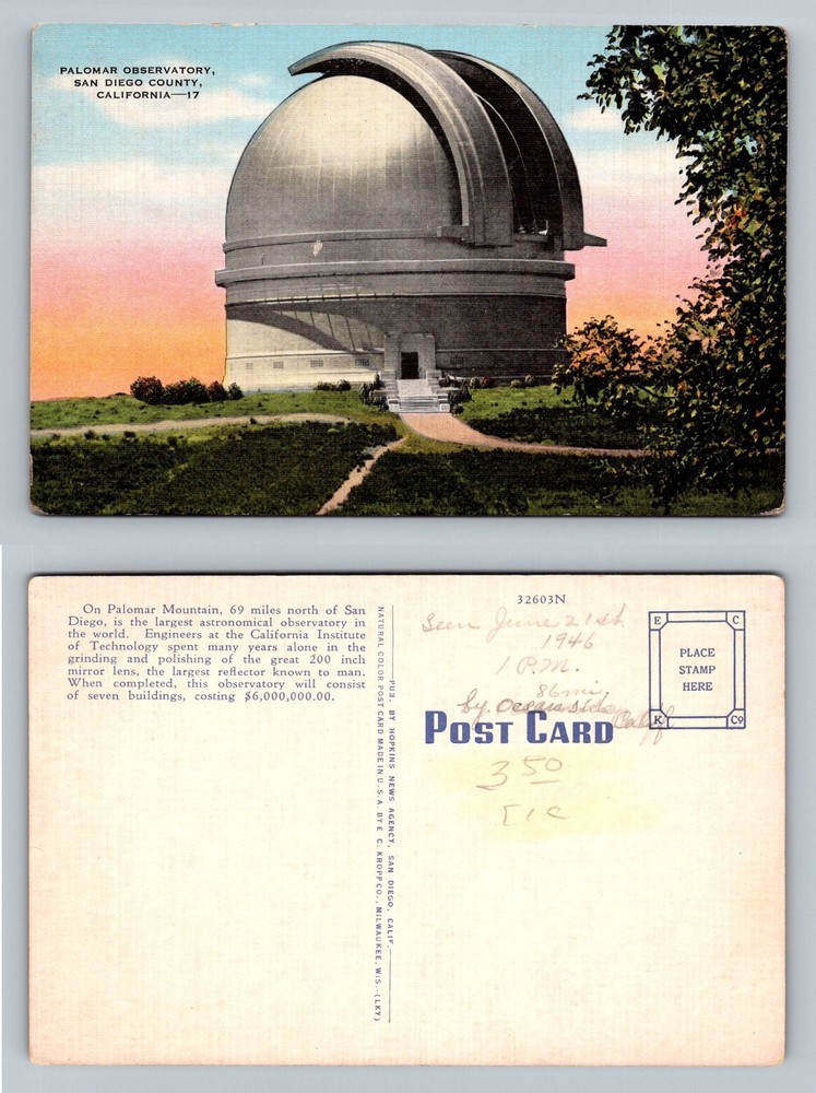 San Diego County, CA-California, Palomar Observatory Vintage c1944 Postcard