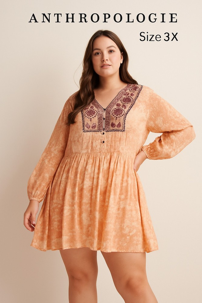 Anthropologie Women’s Embroidered Long Sleeve Mini Dress Peach Orange Size 3X