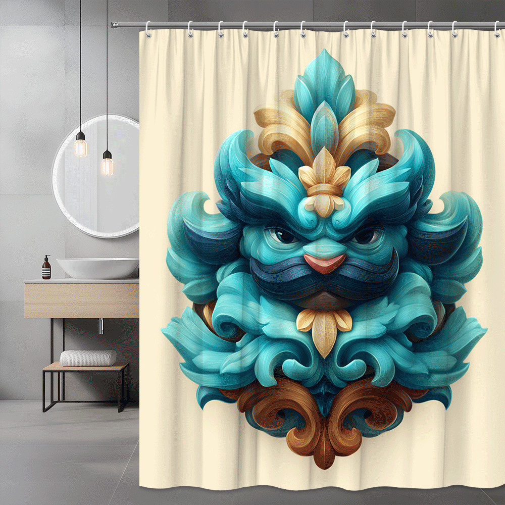 Blue Floral Mask Shower Curtain, Boho Abstract Graphic Print