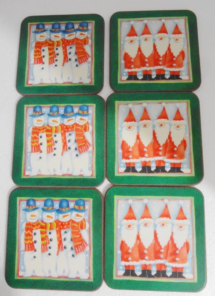 Pimpernel Christmas Snow Friends Santa Snowmen Set of 6 Cork Coasters England