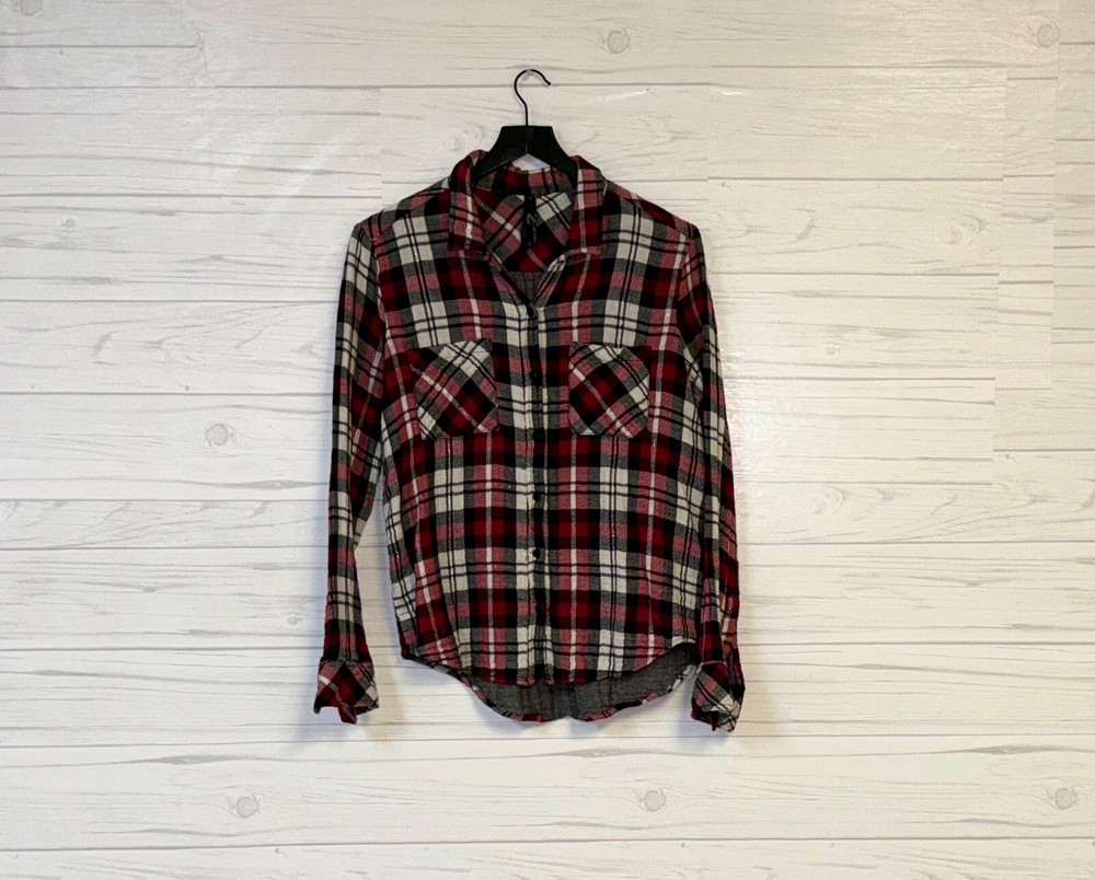 Seven7 shirt womens size small button up long sleeve plaid red stretch cotton