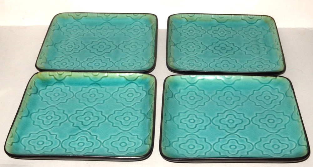 Roscher Stoneware Moroccan Turquoise Square Salad Plates Crackle Glaze Set Of 4