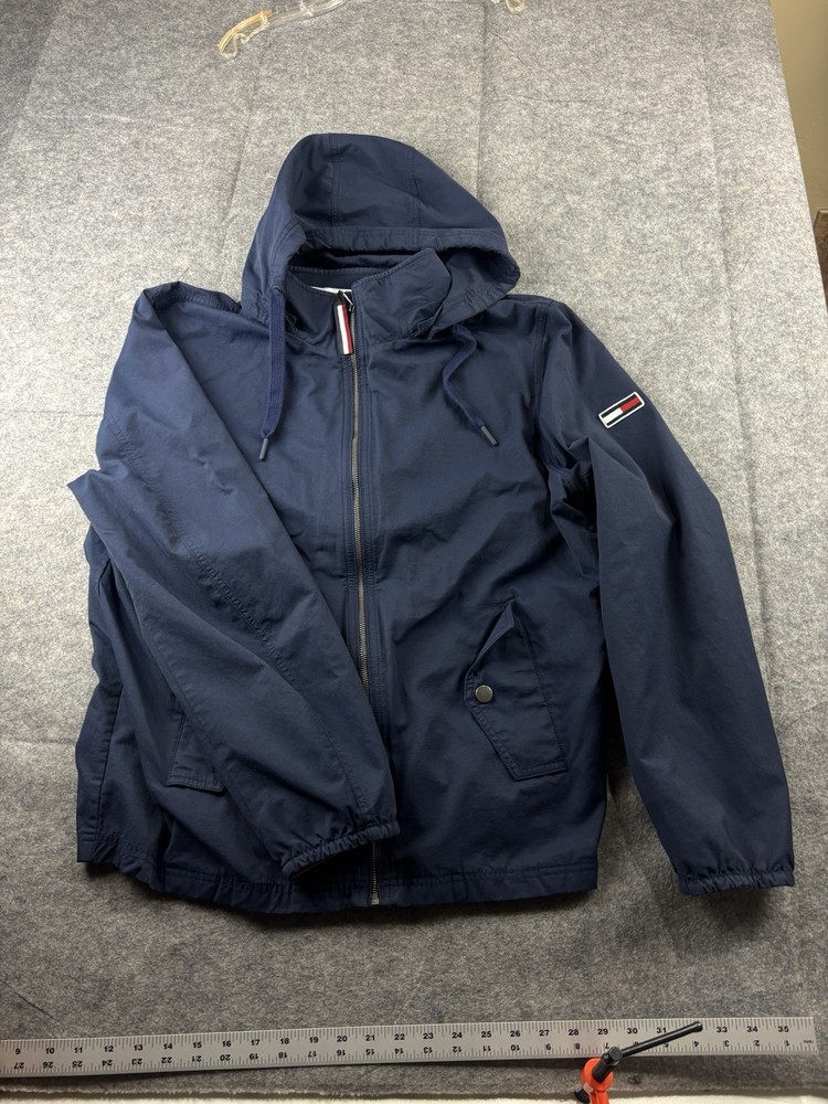 Tommy Hilfiger Denim Hooded Full Zip Men’s L Windbreaker Jacket Pockets VTG SEE
