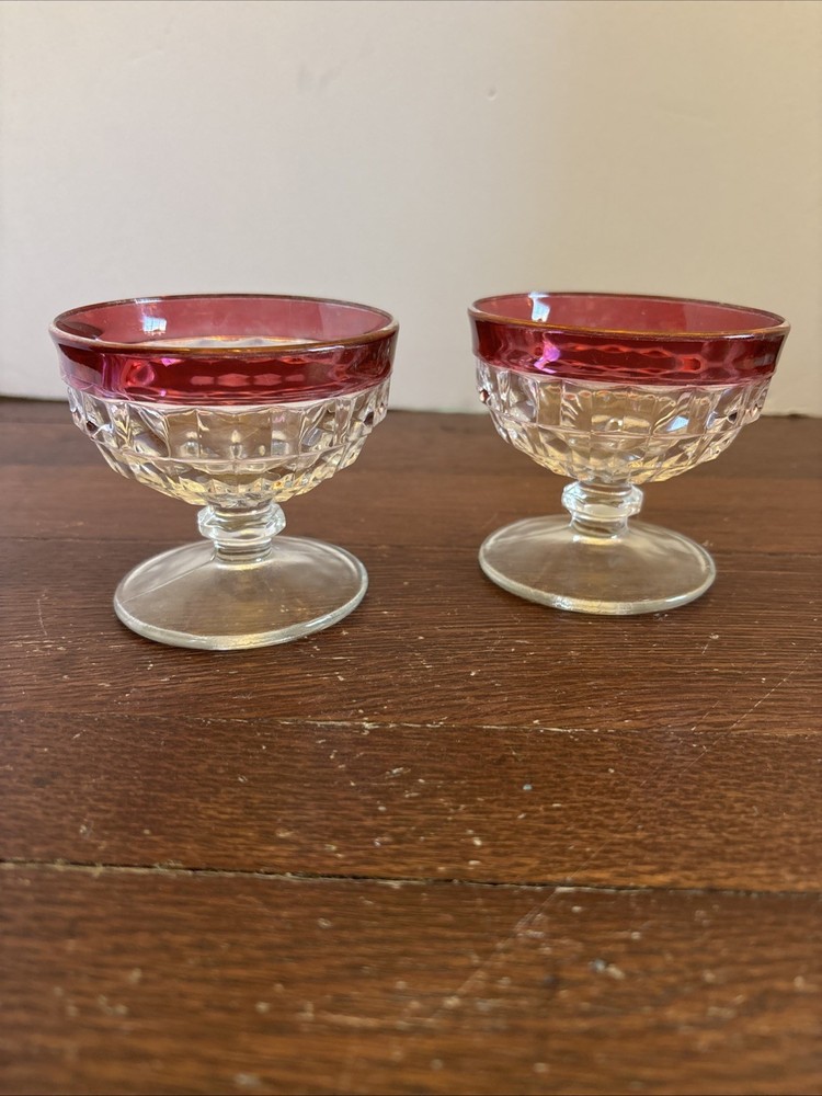 Vintage Indiana Glass Whitehall Colony Ruby Flash Footed Punch Bowl Cups Set/2