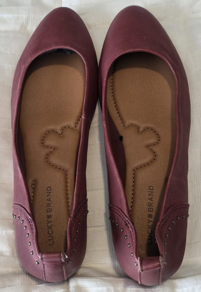 Lucky Brand Wine Leather Flats W/Memory Foam Insole & Brass Stud Accents Sz 9.5