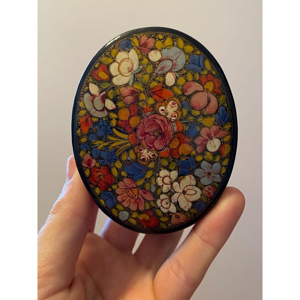 Hand Painted Floral Trinket Box Oval Lacquer kashmir India
