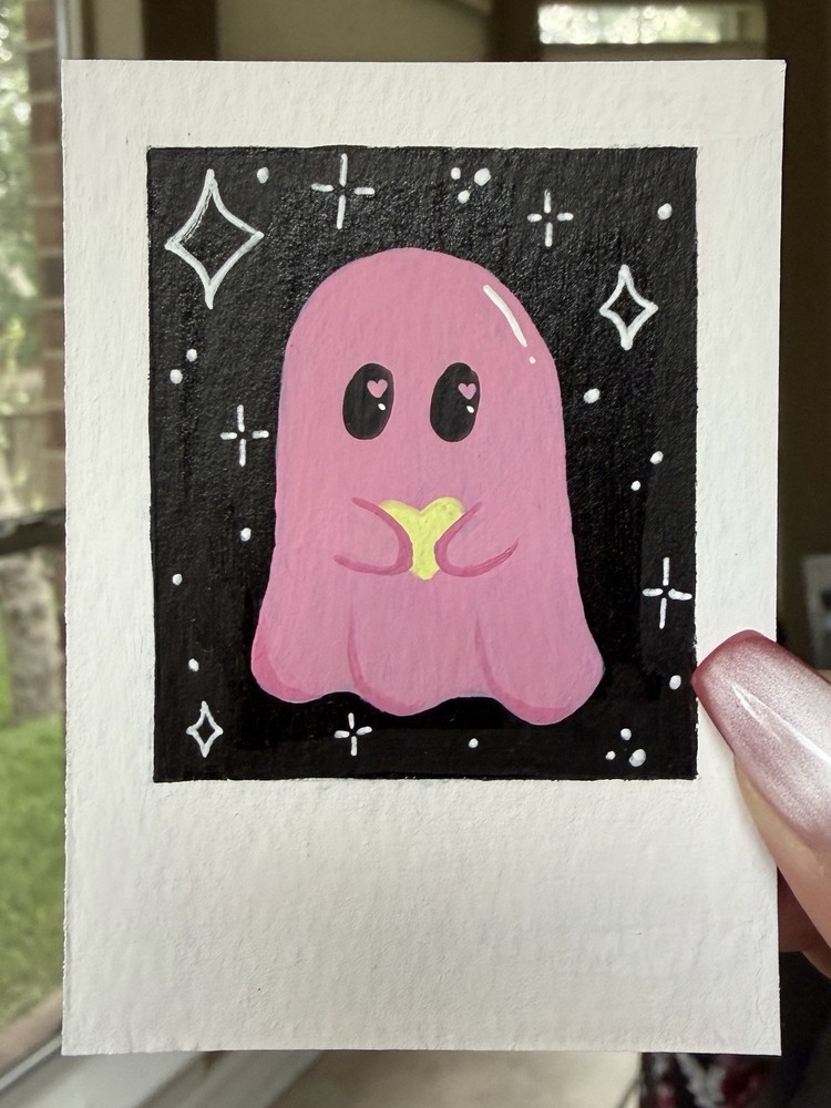 ACEO original Cute Pink Kawaii Ghost Mini Acrylic Painting Spooky Art