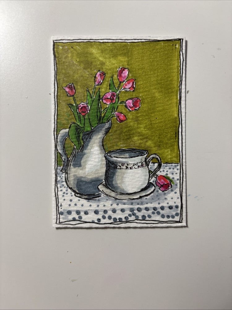 ACEO Original Tulips Alcohol Marker Drawing On Paper By Janie 2.5x3.5