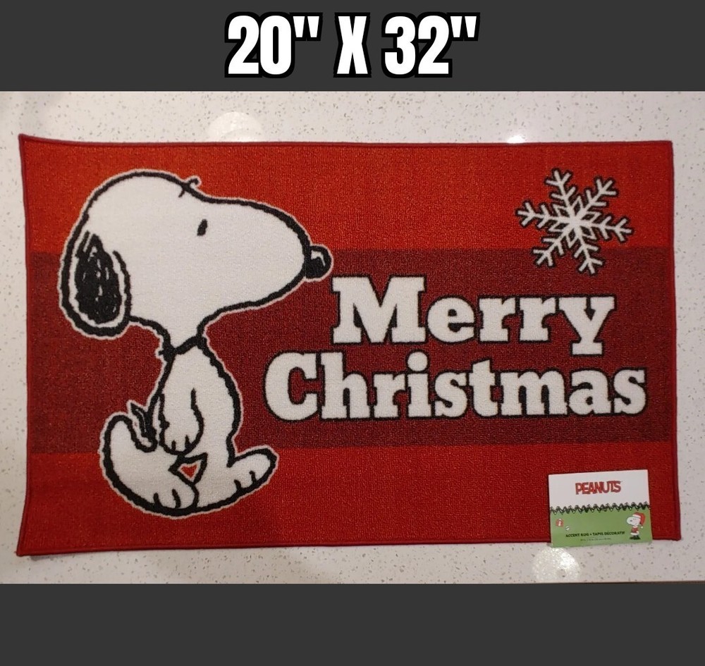 Snoopy Merry Christmas Peanuts Decorative Rug Mat 20x32 Red Snowflake Design  -image