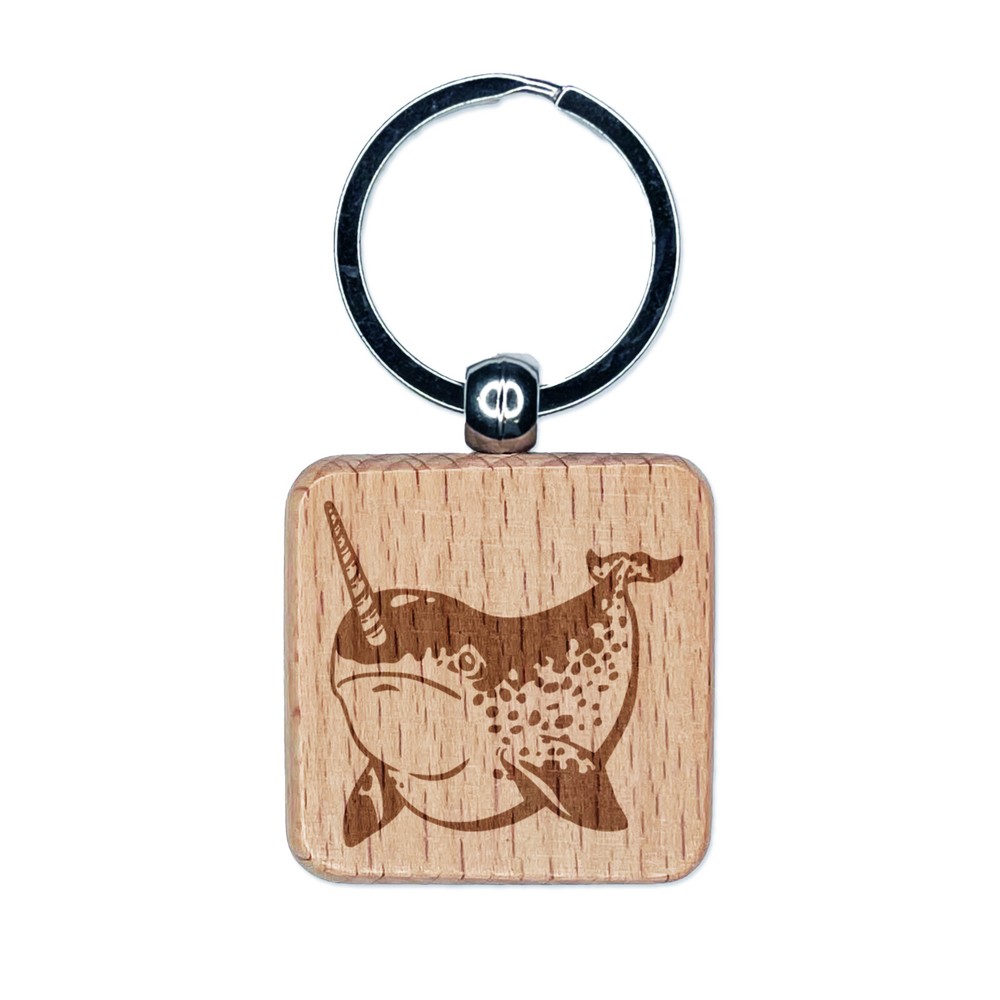 Spotted Narwhal Magical Sea Unicorn Laser Engraved Wood Keychain Charm  