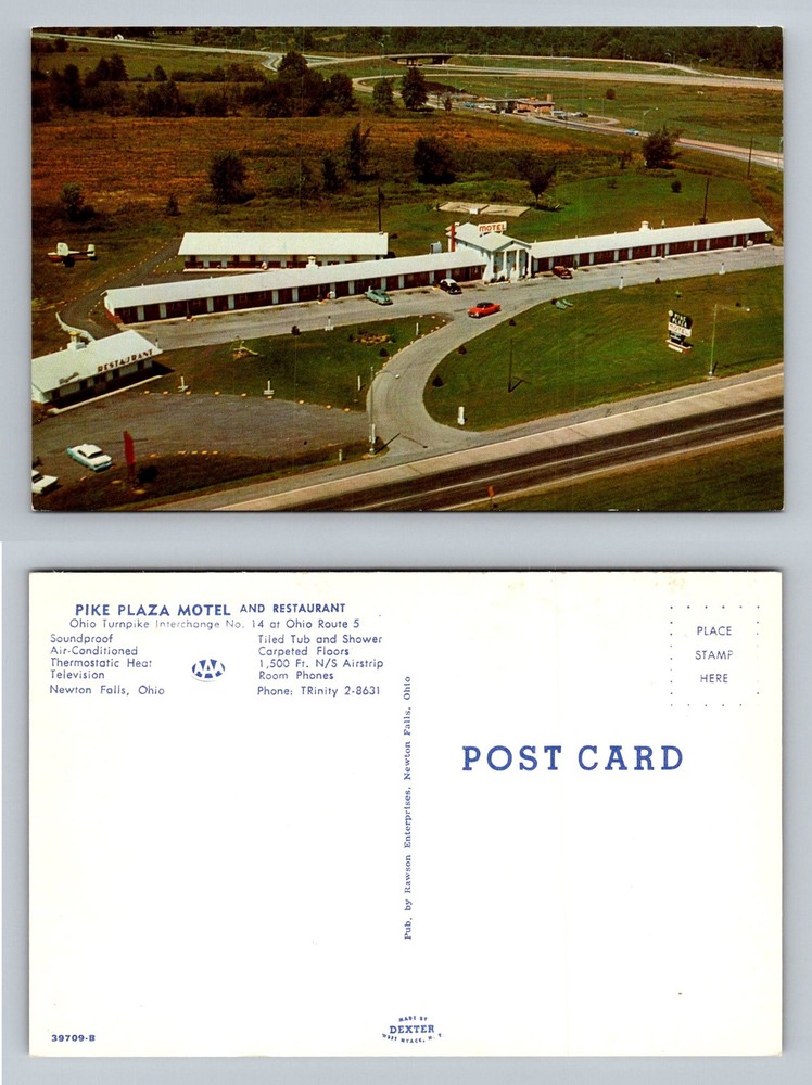 Newton Falls, OH-Ohio, Pike Plaza Motel Restaurant Aerial View Vintage Postcard