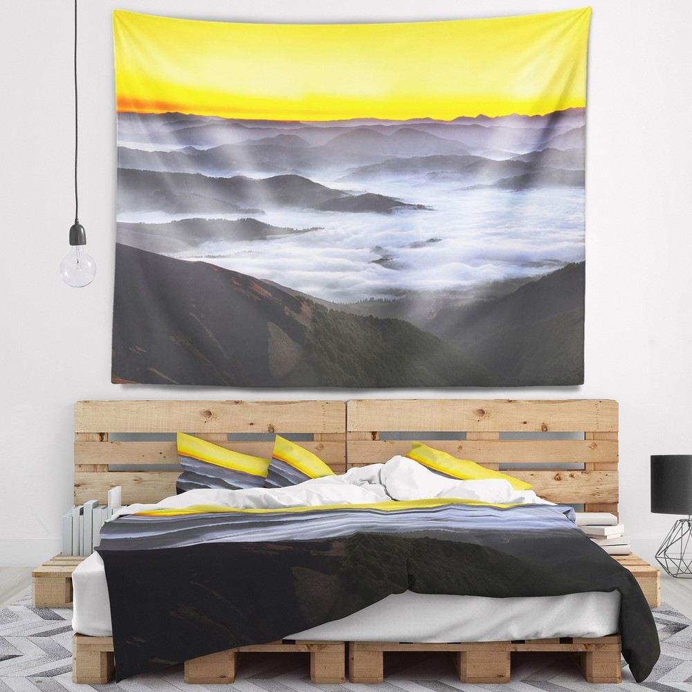 Designart 'Yellow Sky and Foggy Mountains' Landscape Wall  Small