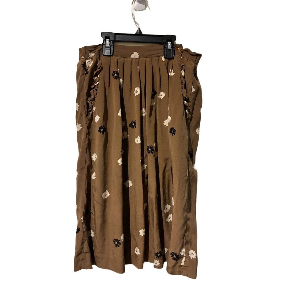Vintage 100% Silk Brown Daisy Floral Pleated Midi Skirt Ruffle Pockets Size 8