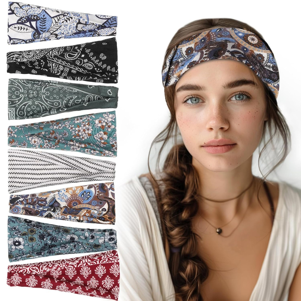 8 Pack Headbands for Women, Boho Style Headbands for Summer Vacation Music Festi