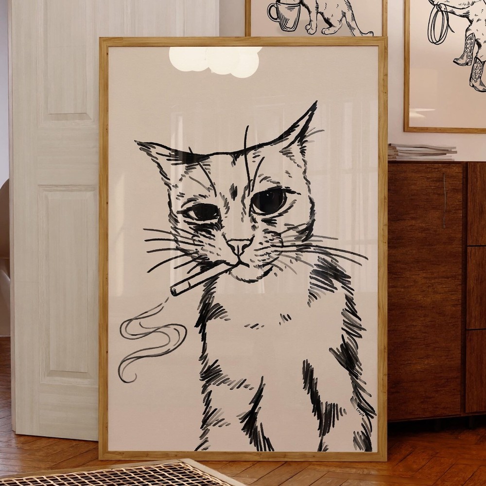 Smoking Cat Art Print Vintage Cat Print Retro Art Funky Wall Art Cat Trendy