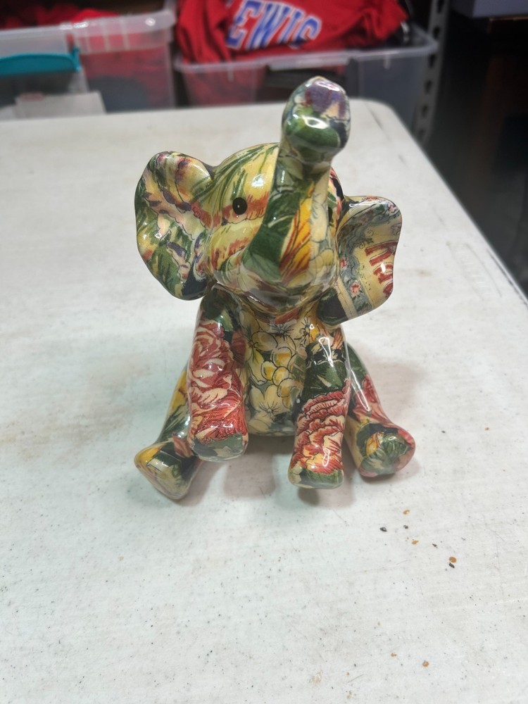 Vintage Decoupage Ceramic Good Luck Elephant Figurine Floral Pattern