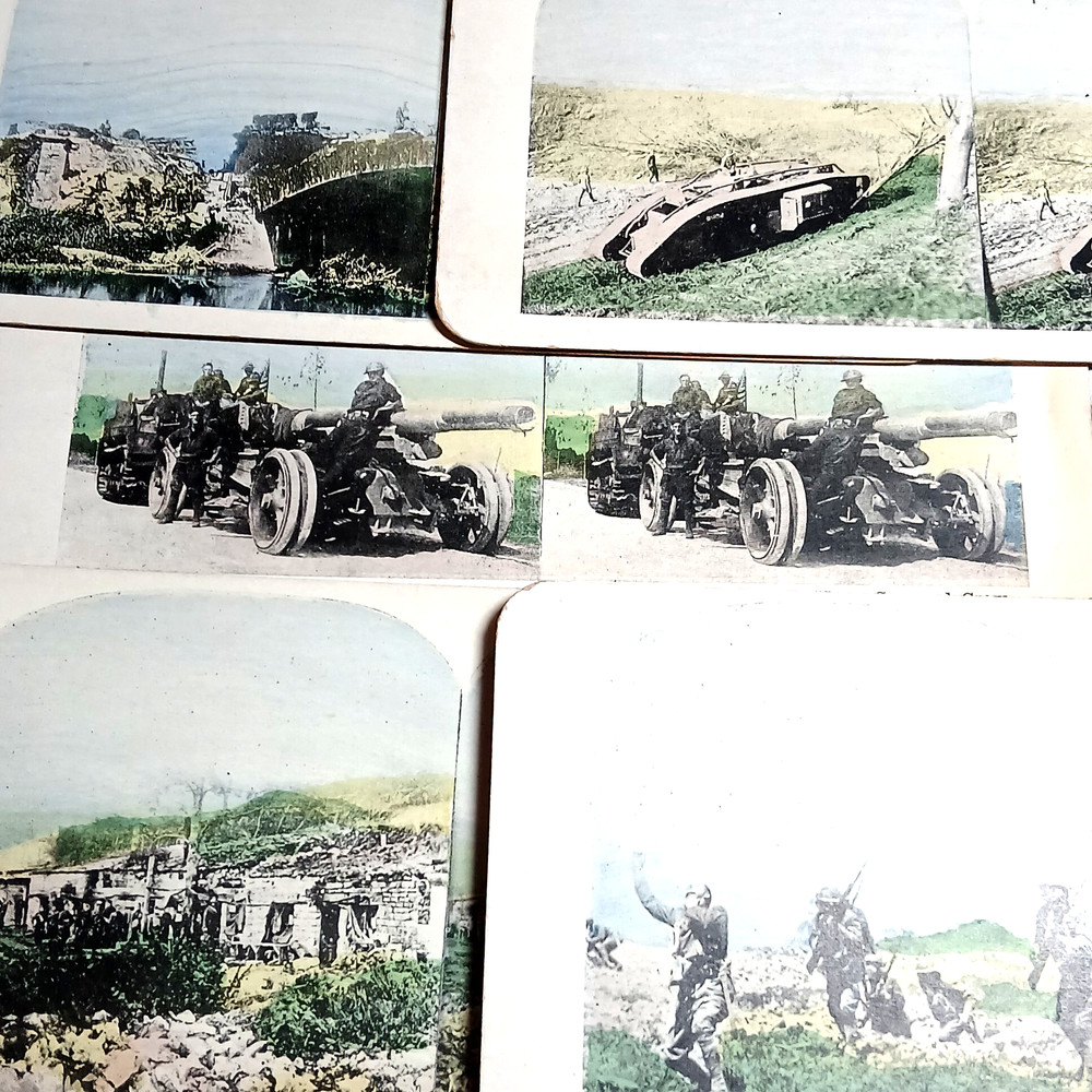 5 WWI Tinted Stereo Cards Tank Attacking Trench German Dugout 155mm Gun Dynamite
