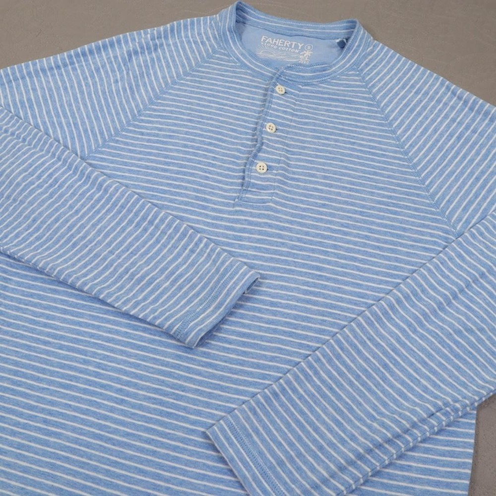 Faherty Henley Shirt Mens Small Blue Striped Cloud Cotton Long Sleeve Knit