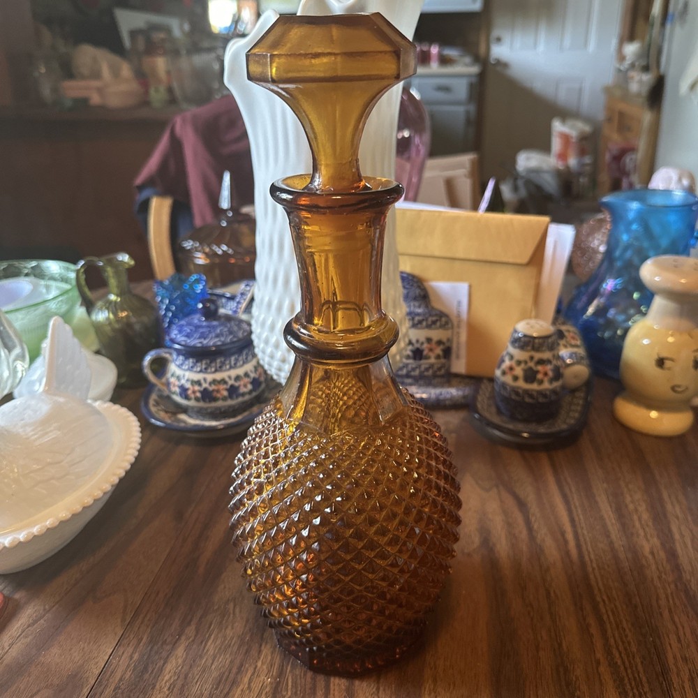 EMPOLI GLASS Amber Italian Diamond Decanter Genie Bottle 1970s Vintage 12.5