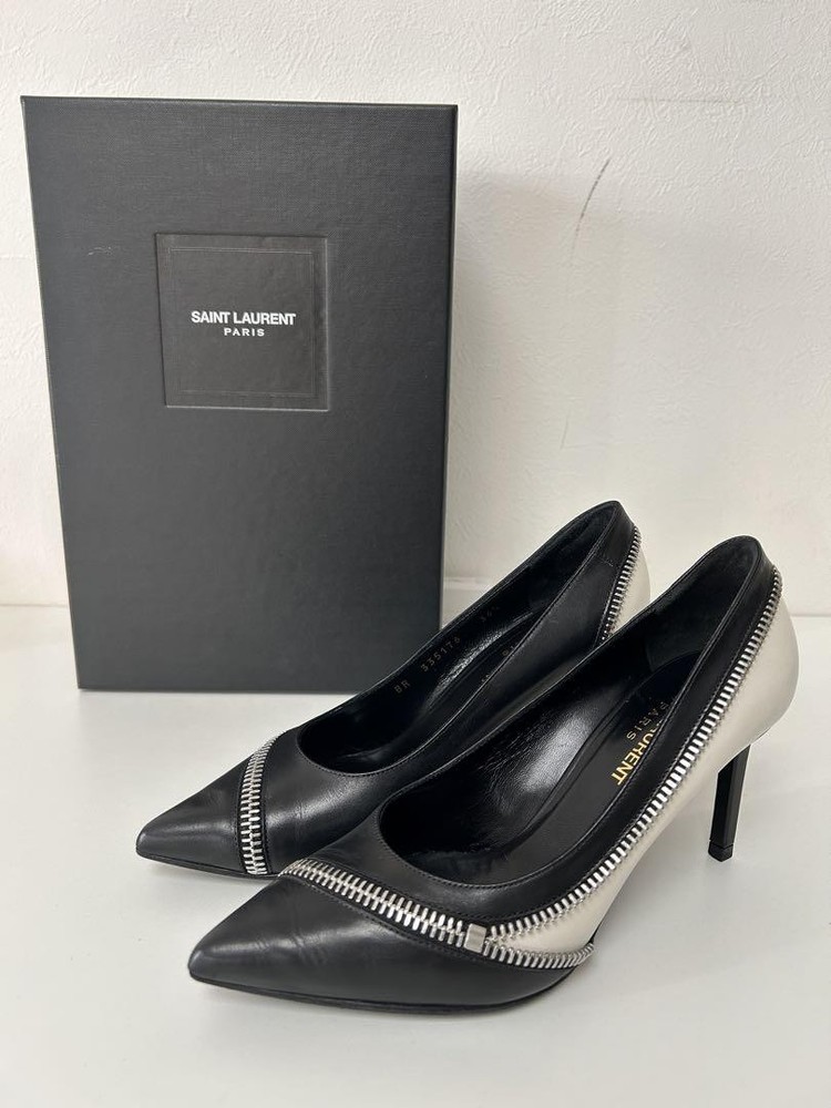 Saint Laurent Black White High Heel Zip Boots US 6.5 Authentic Japan Import