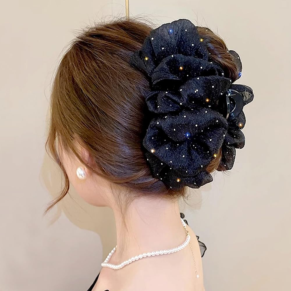 Hair Clip, Black Chiffon Mesh Tulle Rhinestone Bow Hair Clip, Strong Hold Sil...