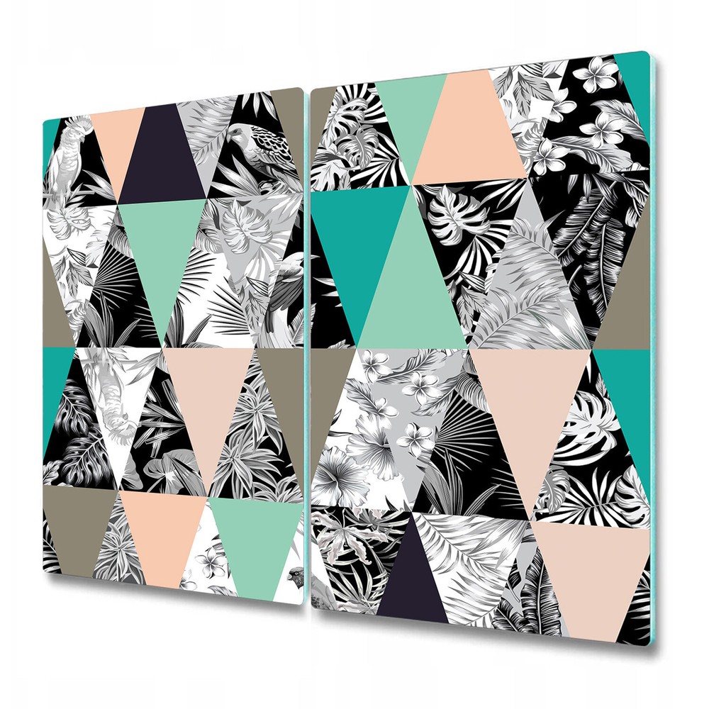 Glass Chopping Cutting Board Tropical patchwork black white and grey design