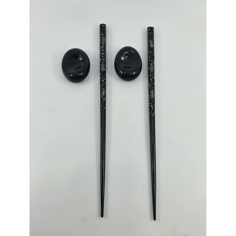 Japanese Lacquer Chopsticks Set Mother of Pearl Inlay Black with Rests 2 Pairs