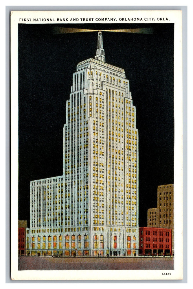 Oklahoma City OK First National Bank & Trust Company Night White Border Postcard