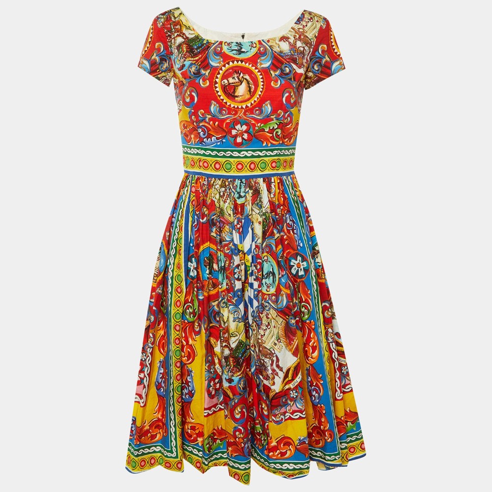 Dolce Gabbana Multicolor Carretto Siciliano Print Cotton Short Dress M