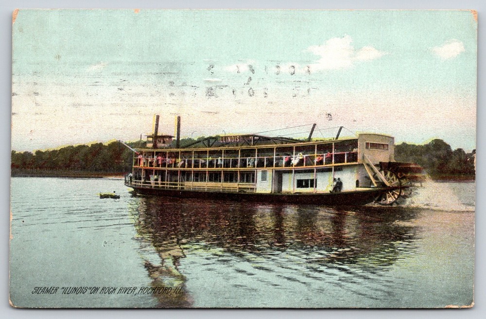Steamship~Rockford Illinois~Paddlewheeler Riverboat~Rock River~1908 Postcard