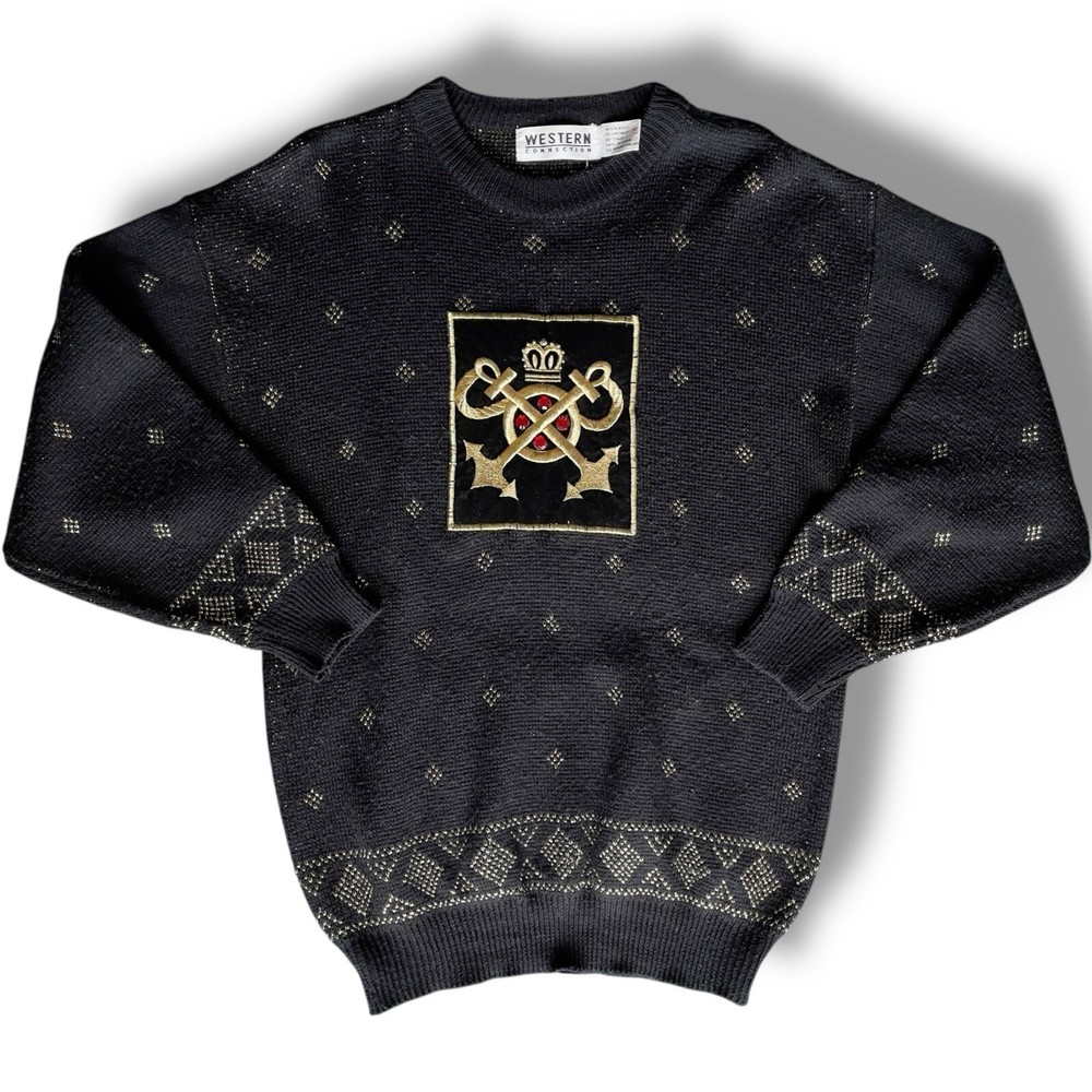 Metallic Printed Knit Sweater Women's M Pullover Vintage Crown Jewels Embellished