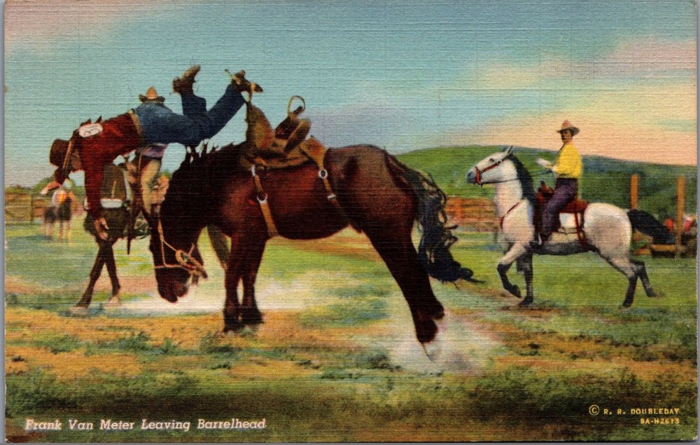 1940 Livingston MT Rodeo Frank Van Meter Barrelhead Linen Postcard
