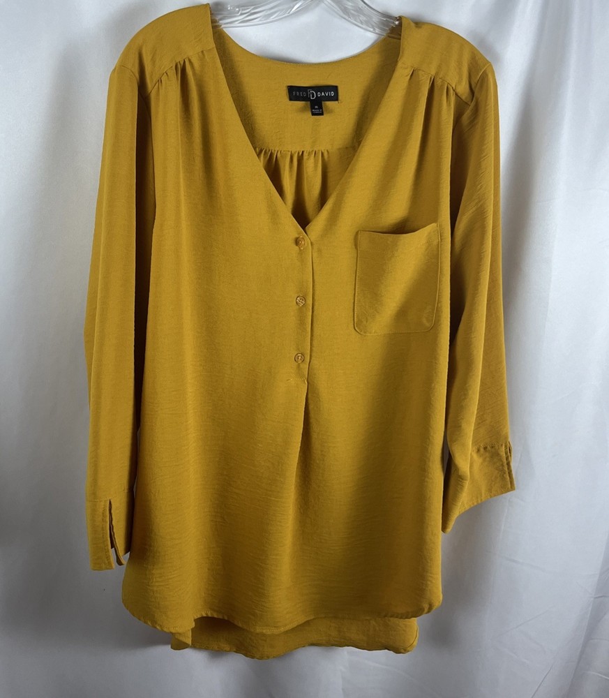Fred David Yellow Mustard Women’s Blouse Tunic XL Casual With Pocket