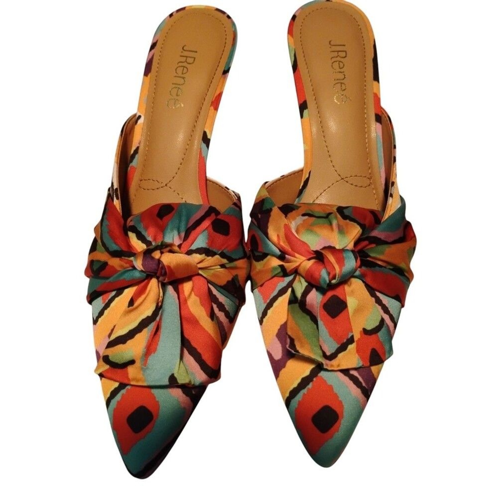 J Renee multicolor bow-wrapped fabric pointy toe slip-on pumps size 8M