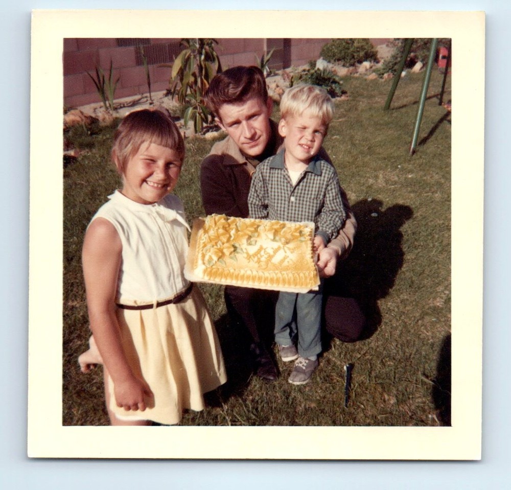 Old Vintage Square Color Photo MAN BOY GIRL IN YARD HOLDING CAKE SNAPSHOT PIC