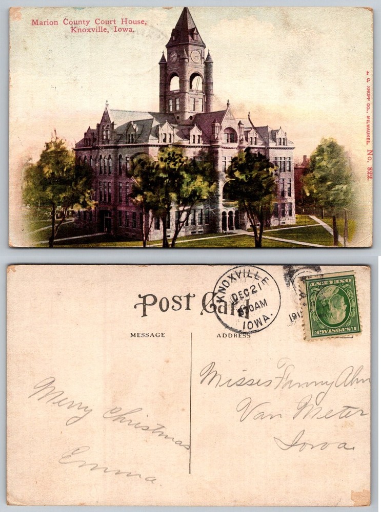1912 Knoxville Iowa Marion County Court House Postcard Posted Christmas