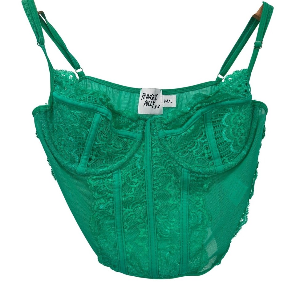 Princess Polly Corset Top Womens M/L Green Sheer Back Wired Cups Boning Slim Fit