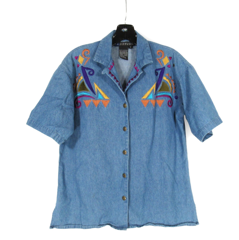 VTG IB DIFFUSION Blue Denim 80'S ABSTRACT EMBROIDERED Button-Up SHIRT/TOP Sz 6