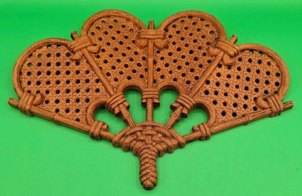 VTG Burwood Wicker Bamboo Basket Fan Wall Hanging Decor Gold Toned USA MCM