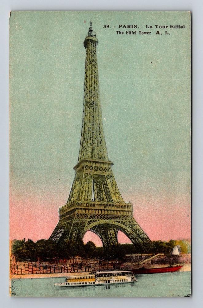 France- Paris Eiffel Tower Seine River Tour Boat Old Post View Vintage Postcard