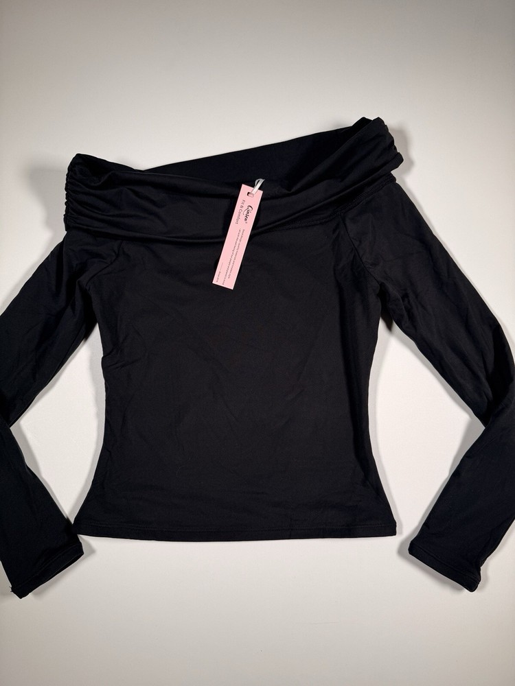 QINSEN Womens Off The Shoulder Tops Double Lined Long Sleeve T Shirts Slim Sz XS