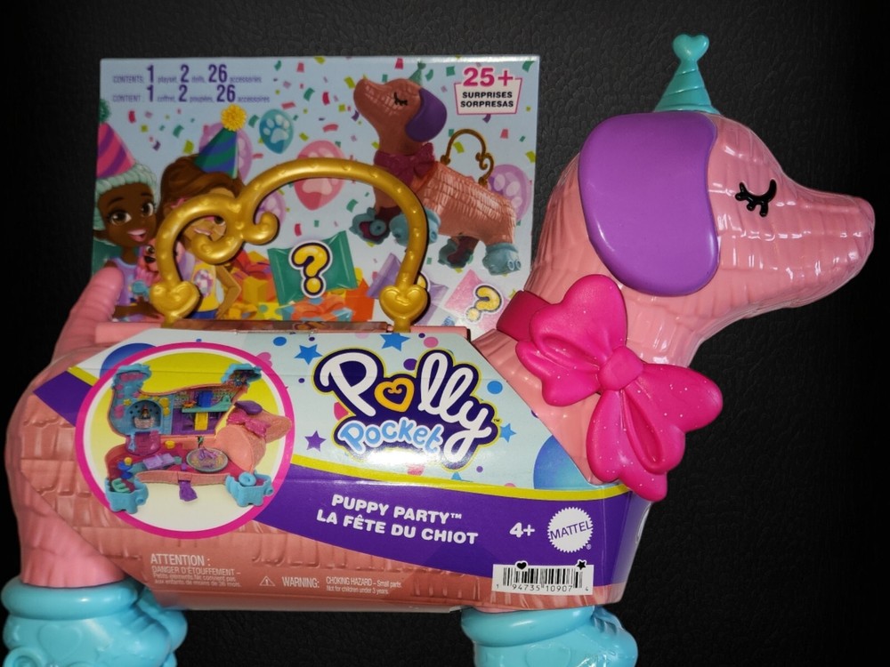 Polly Pocket Puppy Party Pink Dog Playset with 25+ Surprises 2 Dolls